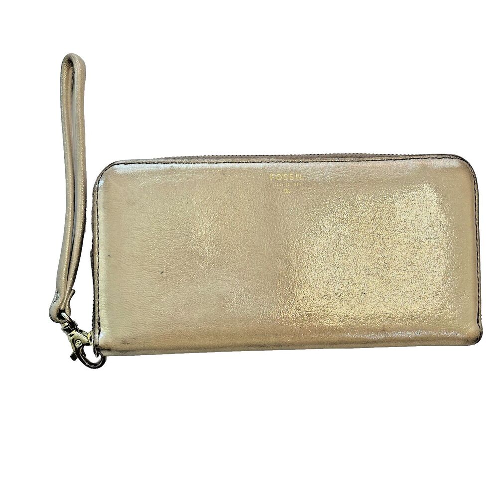 Fossil Gold Metallic Leather Zip Around Wallet Wristlet Clutch SEE DESCRIPTION